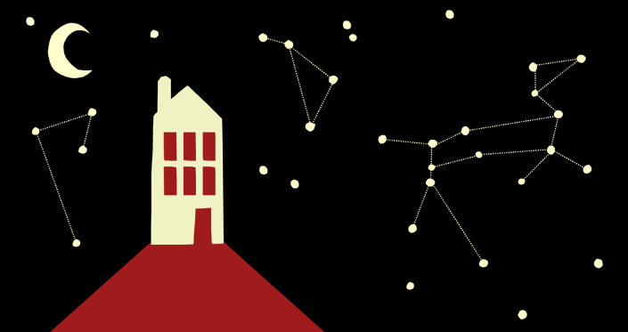 A night sky with crescent moon and constellations, one of which resembles a dog; a house on a hill will red light coming from its open door and windows.